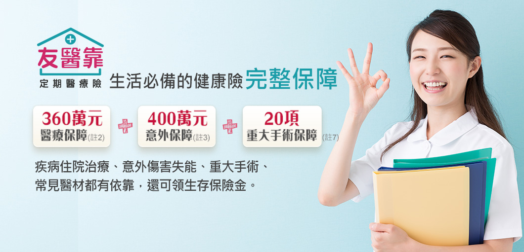 友醫靠定期醫療險，360萬醫療保障+400萬意外保障+20項重大手術保障